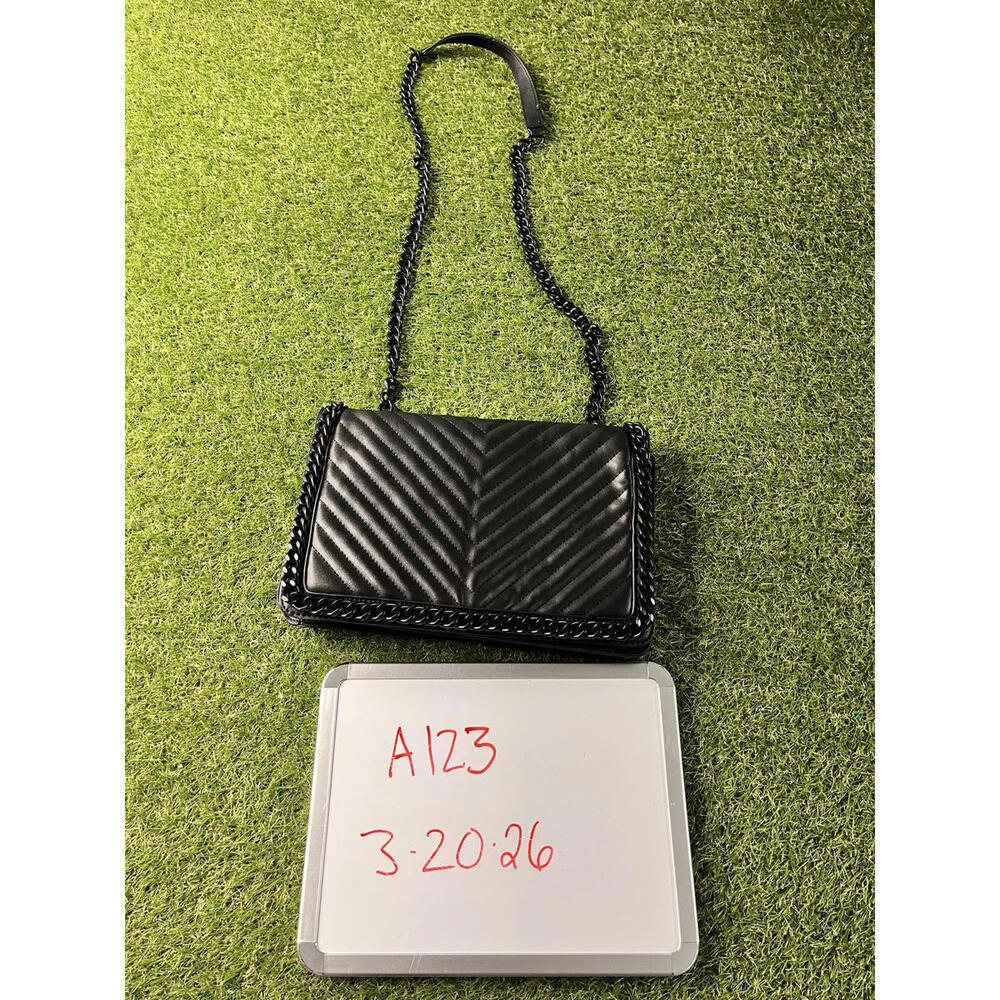 Aldo‎ Black Quilted Chain Shoulder Bag Metal Moto Industrial Metallic